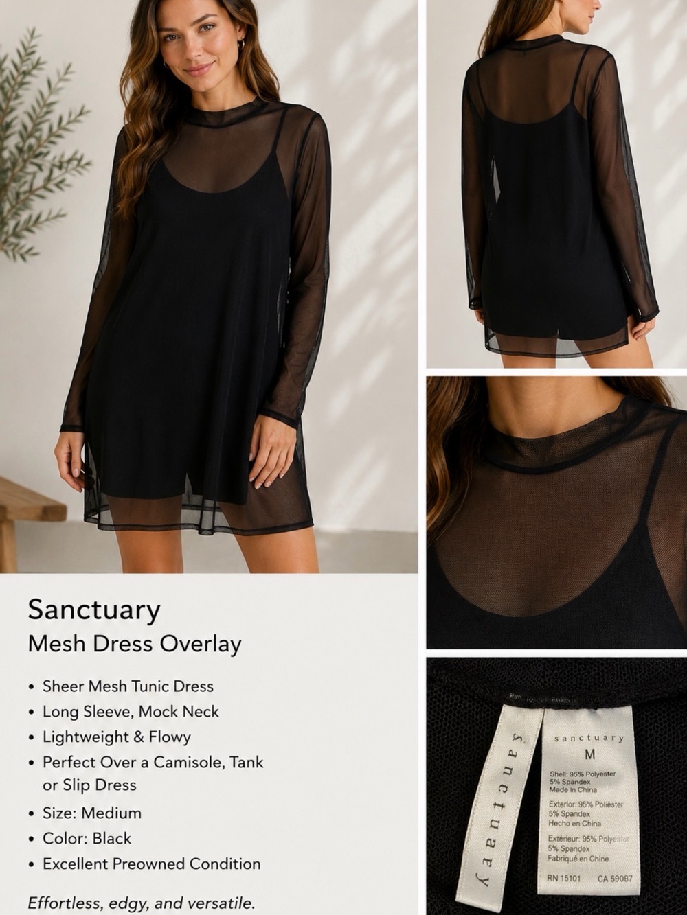 Sanctuary Black Sheer Mesh Tunic Dress Overlay